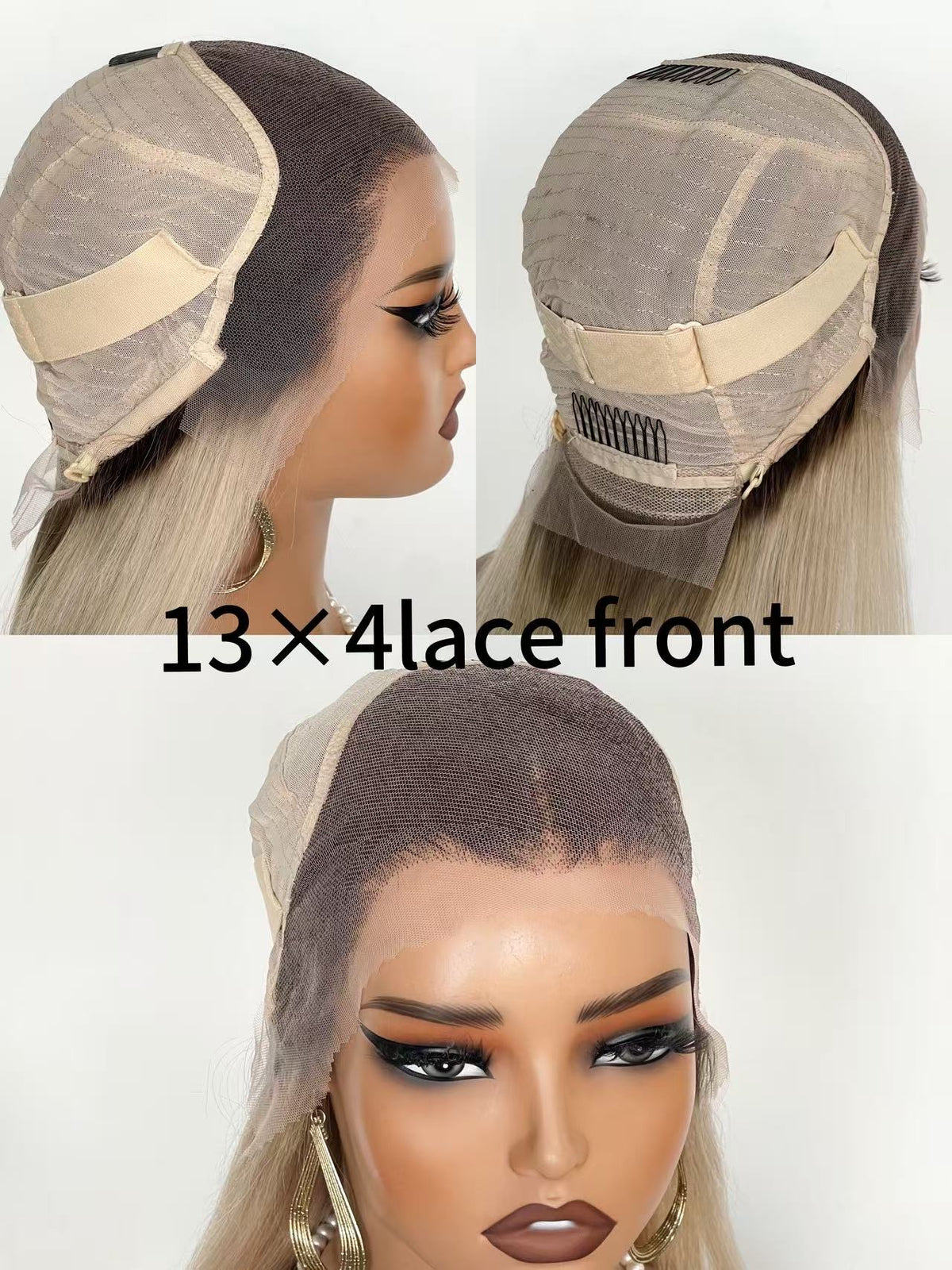Peluca 100% Cabello Humano Lisa 12 Pulgadas | Encaje Frontal 13×4, Color Gris Mechado, Base Trasera Mecánica con Banda Fijadora Cómoda