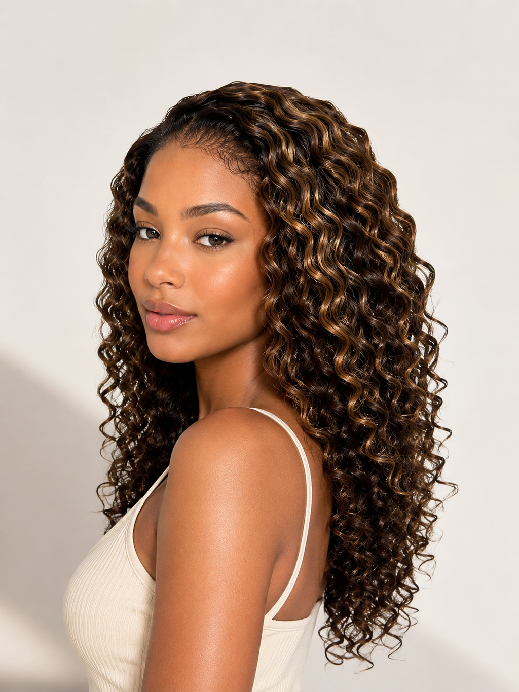 Peluca Cabello Natural Lace Rizada con Mechas Caramelo