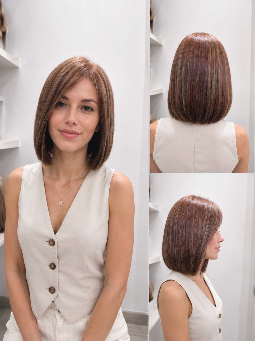 Peluca Cabello Natural Bob Corto Castaño Chocolate con Mechas
