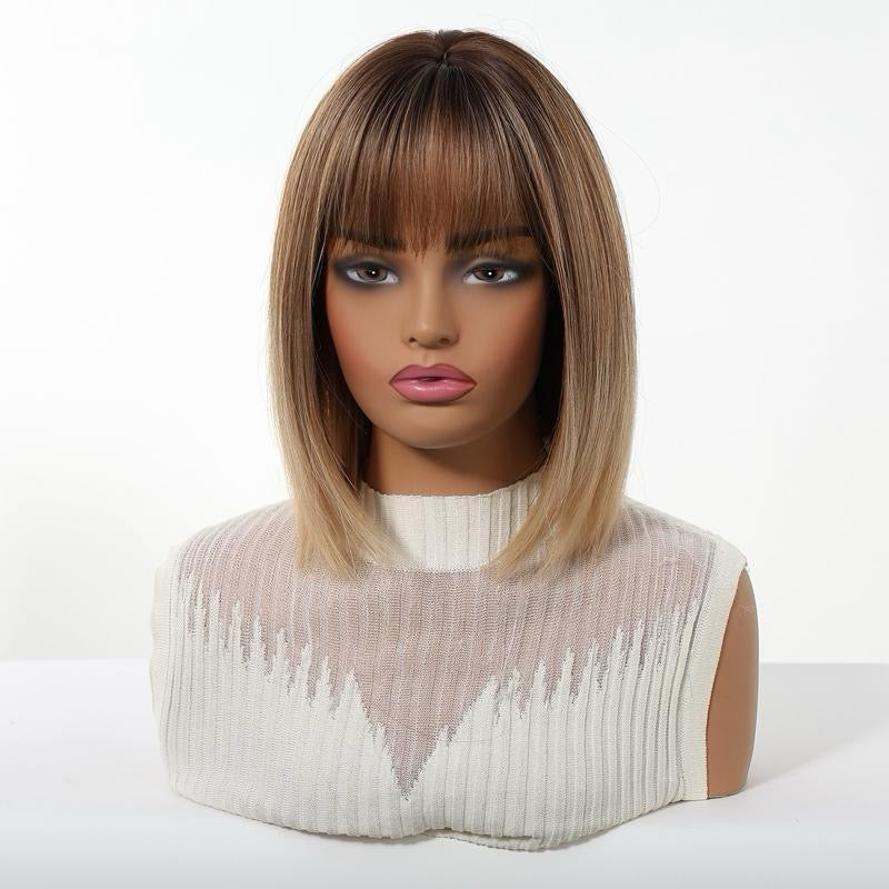 Peluca Sintética Bob Liso con Flequillo Balayage Marrón Oscuro a Rubio Dorado 12 Pulgadas Look Natural para Uso Diario y Fiestas