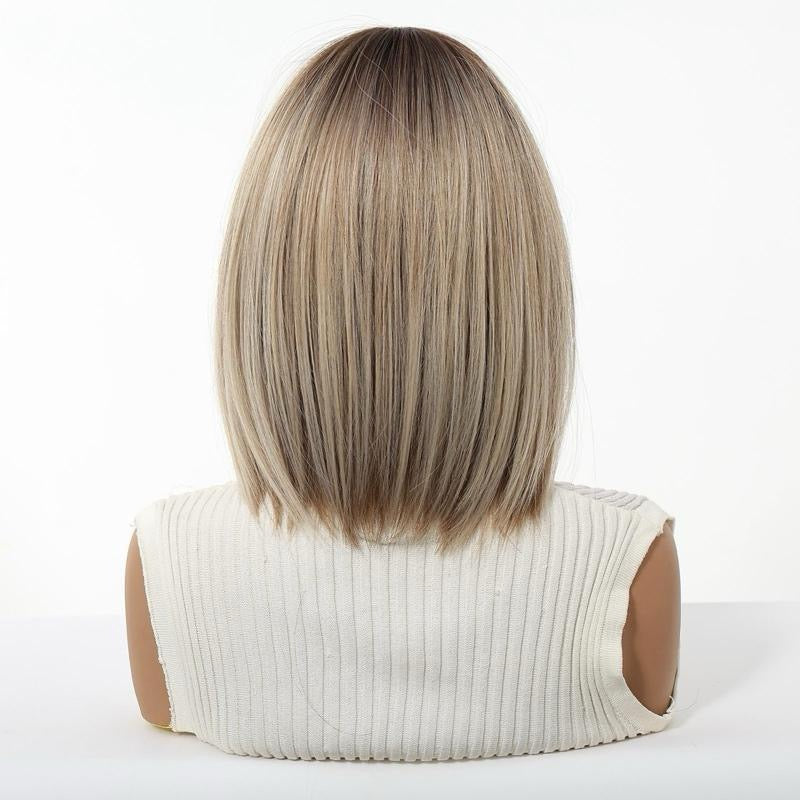 BOB LISO 12” Raíces oscuras Look natural Peluca de fibra sintética suave y ligera con corte moderno y elegante para un look natural