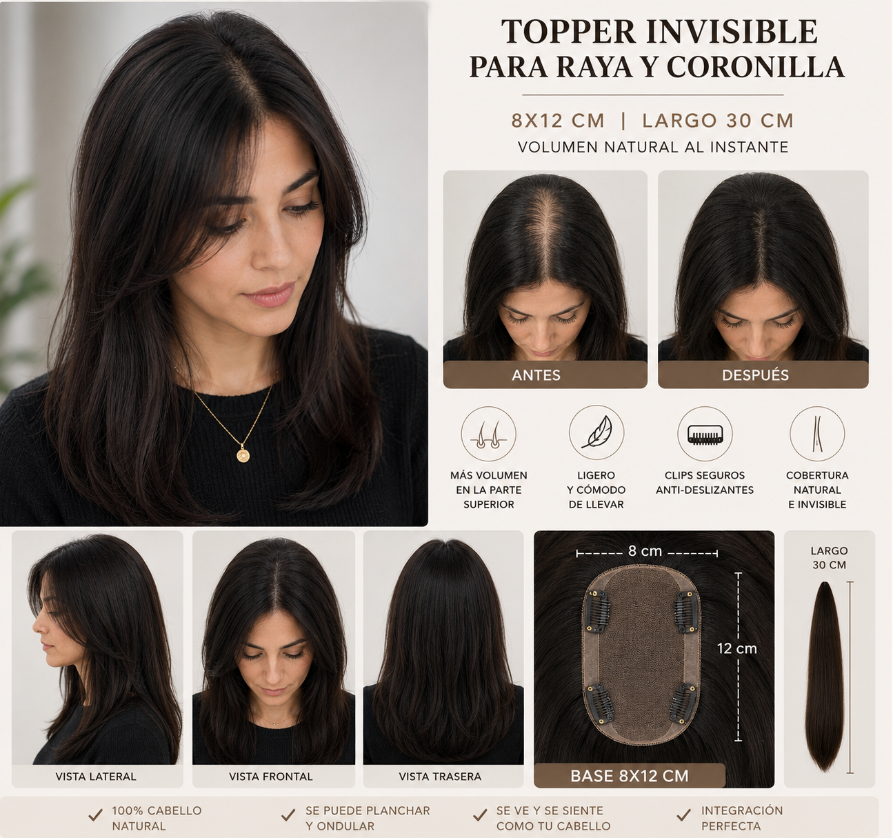 Topper de Cabello Natural 8x12 cm (30 cm)