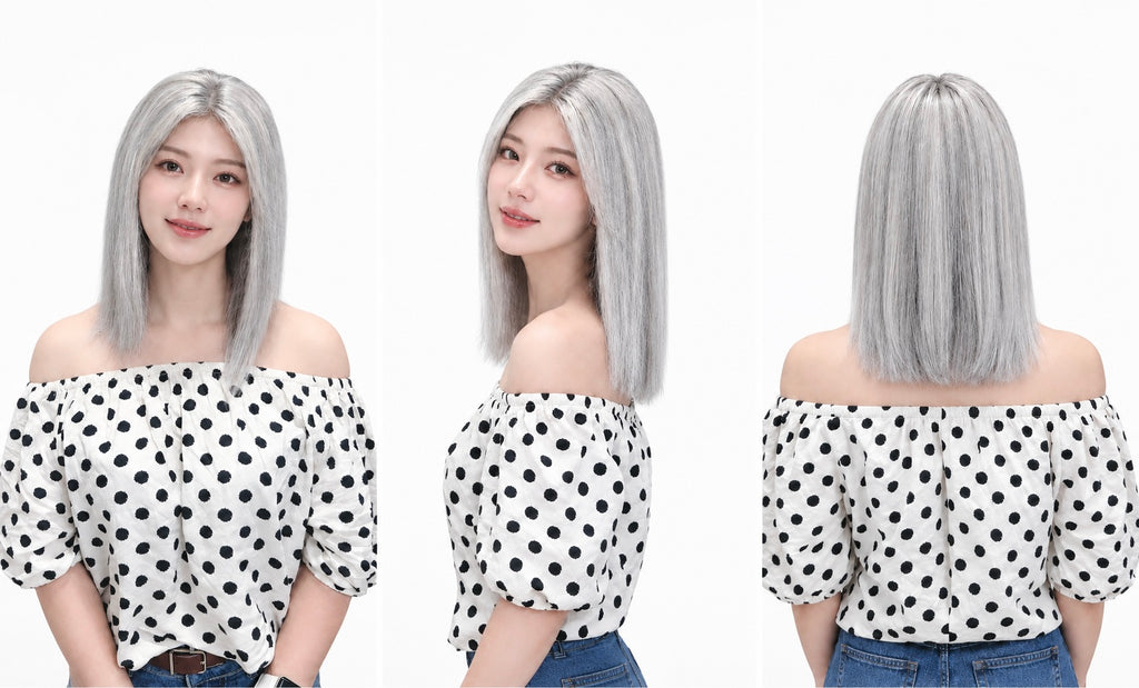 Peluca 100% Cabello Humano Lisa 12 Pulgadas | Encaje Frontal 13×4, Color Gris Mechado, Base Trasera Mecánica con Banda Fijadora Cómoda