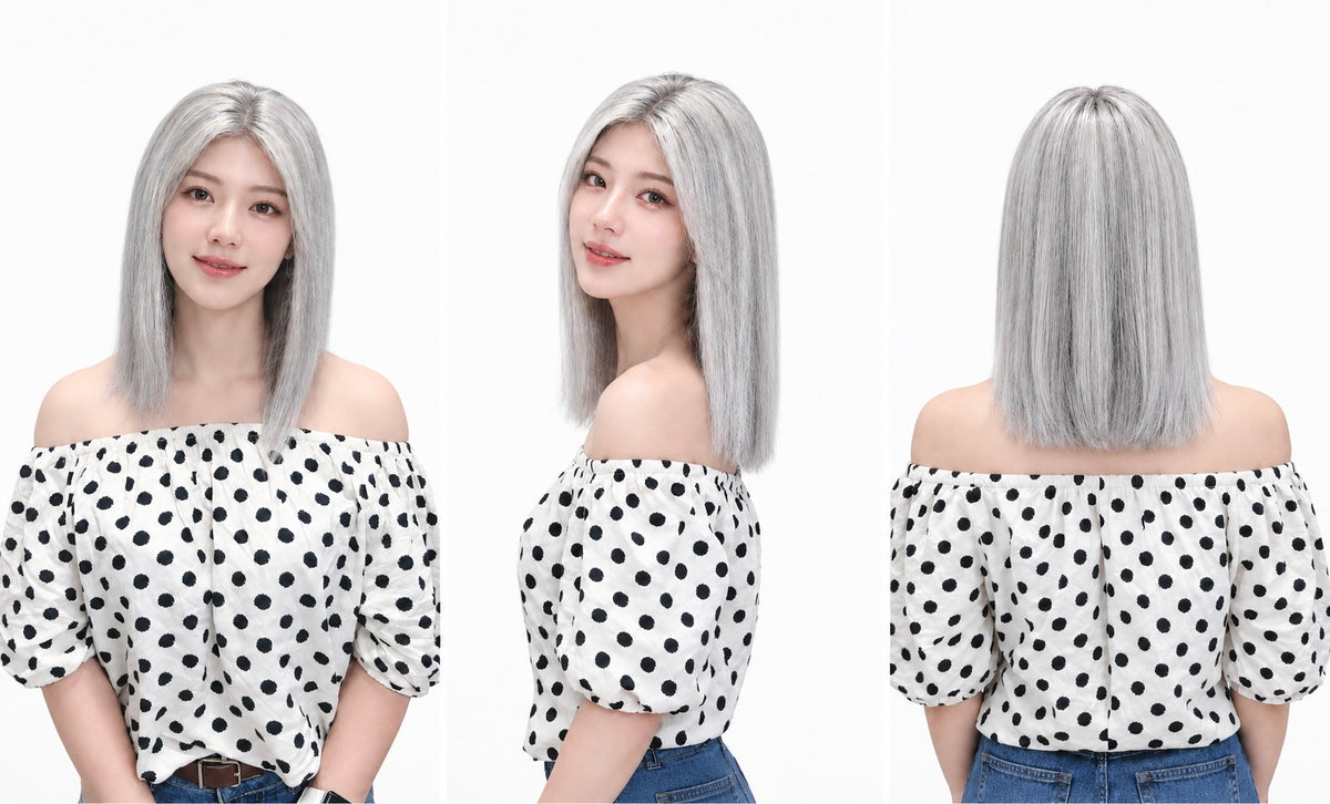 Peluca 100% Cabello Humano Lisa 12 Pulgadas | Encaje Frontal 13×4, Color Gris Mechado, Base Trasera Mecánica con Banda Fijadora Cómoda