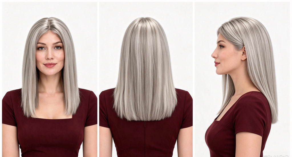 Peluca de cabello humano 12 pulgadas gris con mechones | Encaje frontal 13×4 + parte trasera fabricada a máquina | Bandas anchas ajustables