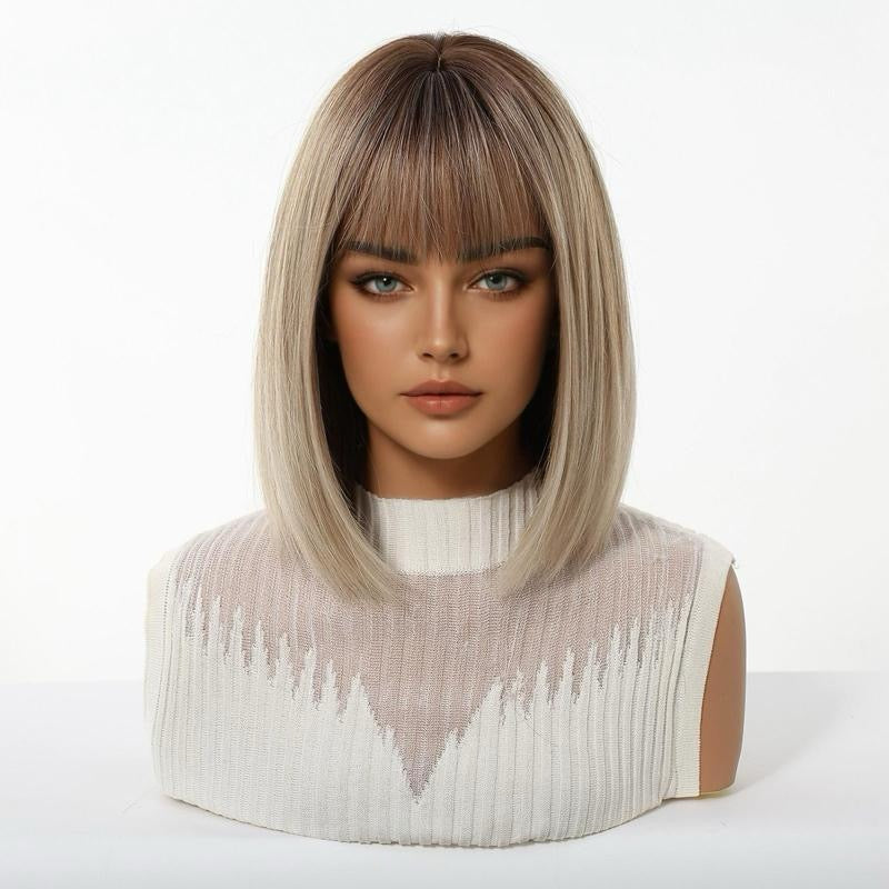 BOB LISO 12” Raíces oscuras Look natural Peluca de fibra sintética suave y ligera con corte moderno y elegante para un look natural