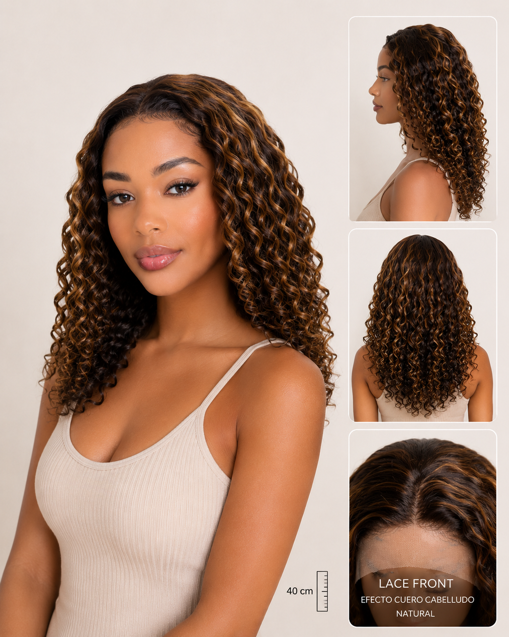 Peluca Cabello Natural Lace Rizada con Mechas Caramelo