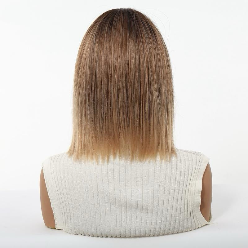 Peluca Sintética Bob Liso con Flequillo Balayage Marrón Oscuro a Rubio Dorado 12 Pulgadas Look Natural para Uso Diario y Fiestas