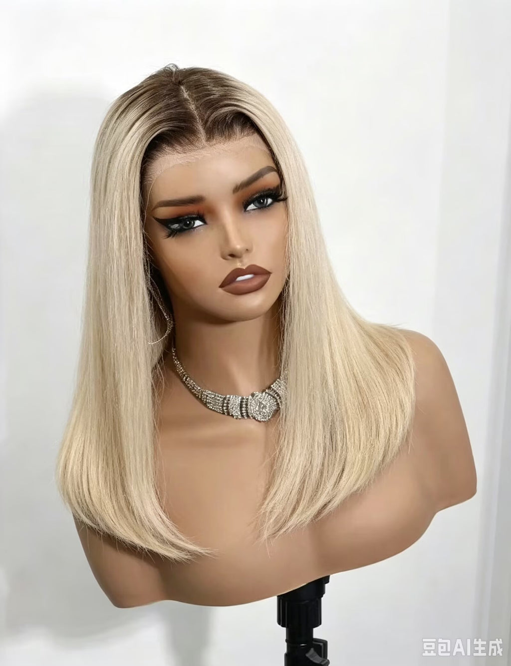 Peluca Cabello Humano 12 Pulgadas Rubia Ombré Raíces Oscuras | Encaje Frontal 13x4 + Parte Trasera Fabricada a Máquina |  Bandas Ajustable