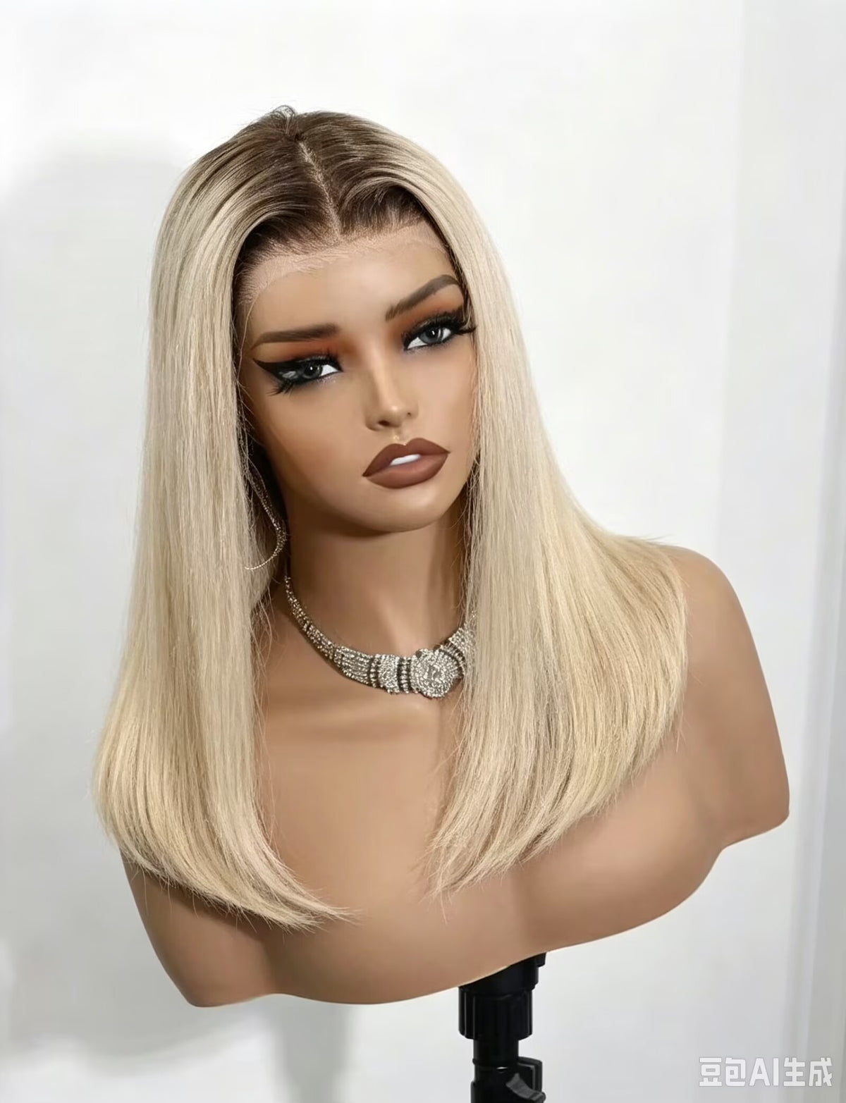 Peluca Cabello Humano 12 Pulgadas Rubia Ombré Raíces Oscuras | Encaje Frontal 13x4 + Parte Trasera Fabricada a Máquina |  Bandas Ajustable