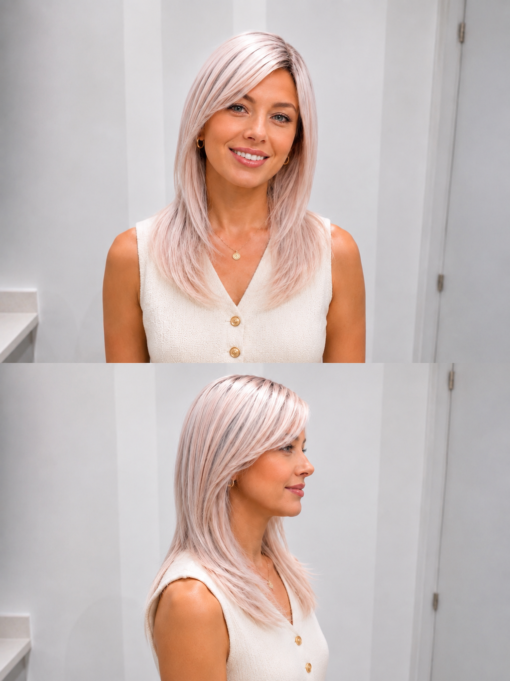 Peluca Rubia Platino Lisa con Raíz Oscura
