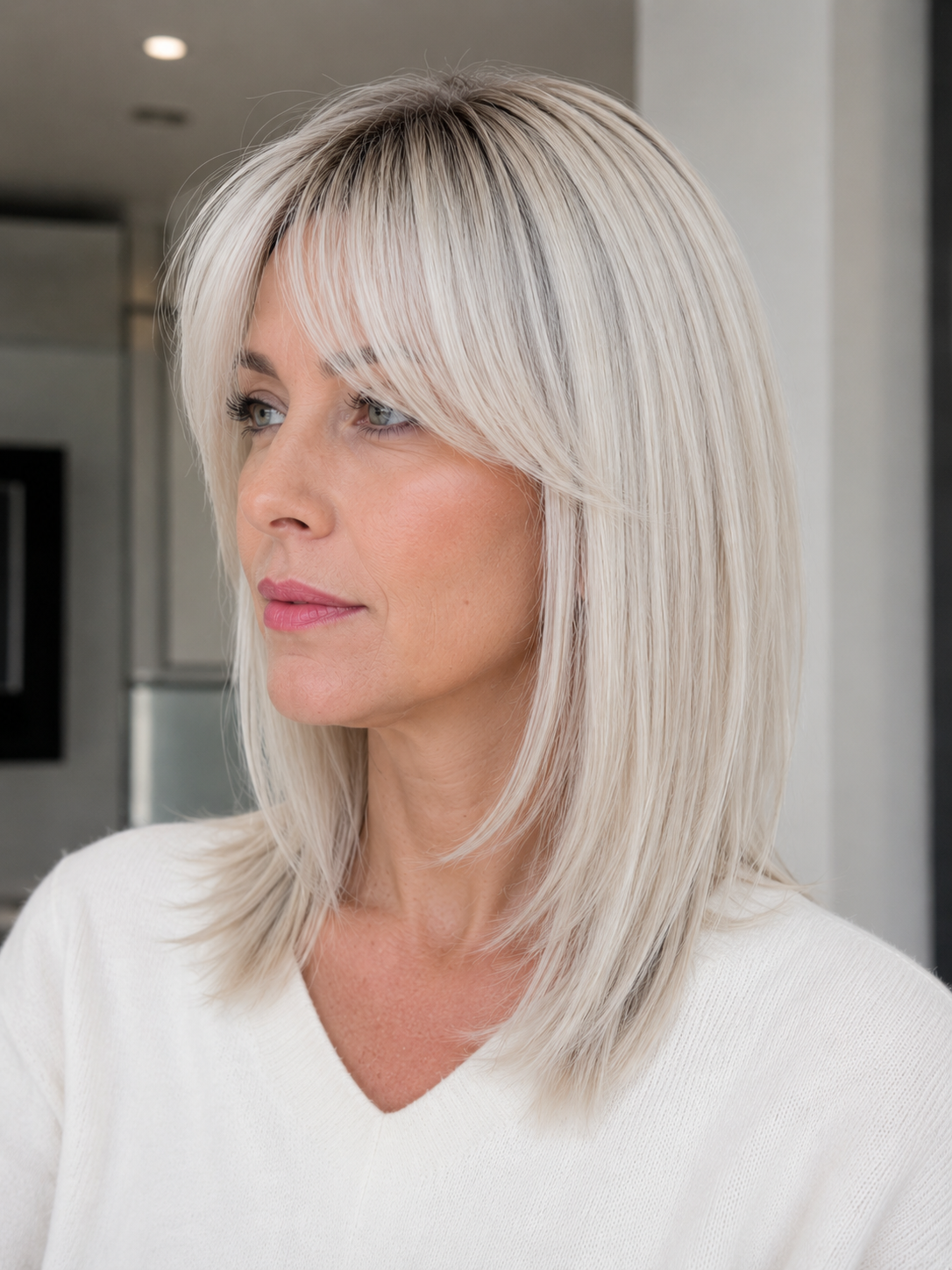 Peluca Rubia Platino Lisa con Raíz Oscura