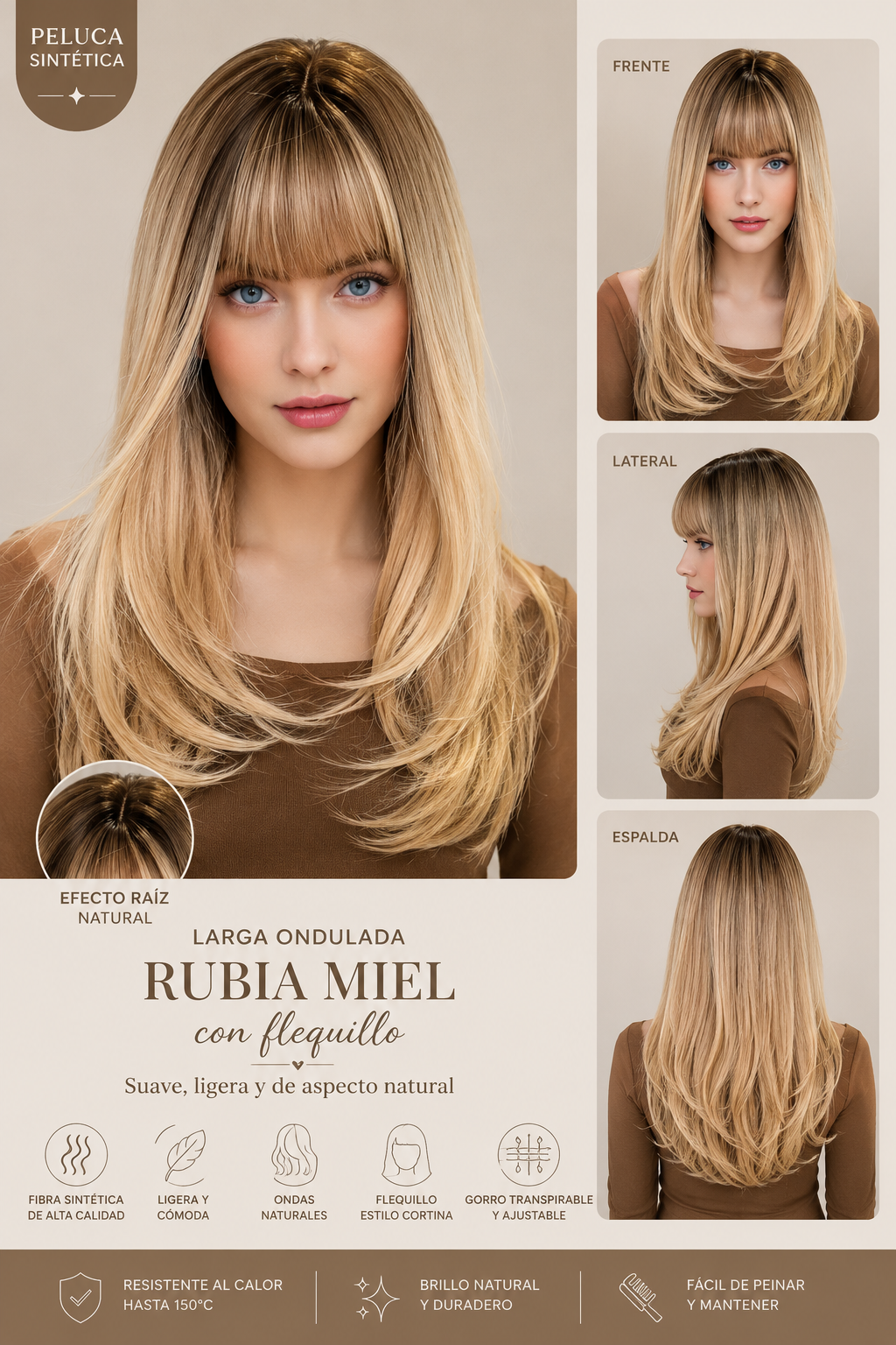 Peluca Sintética Rubio Miel con Raíz Oscura y Flequillo