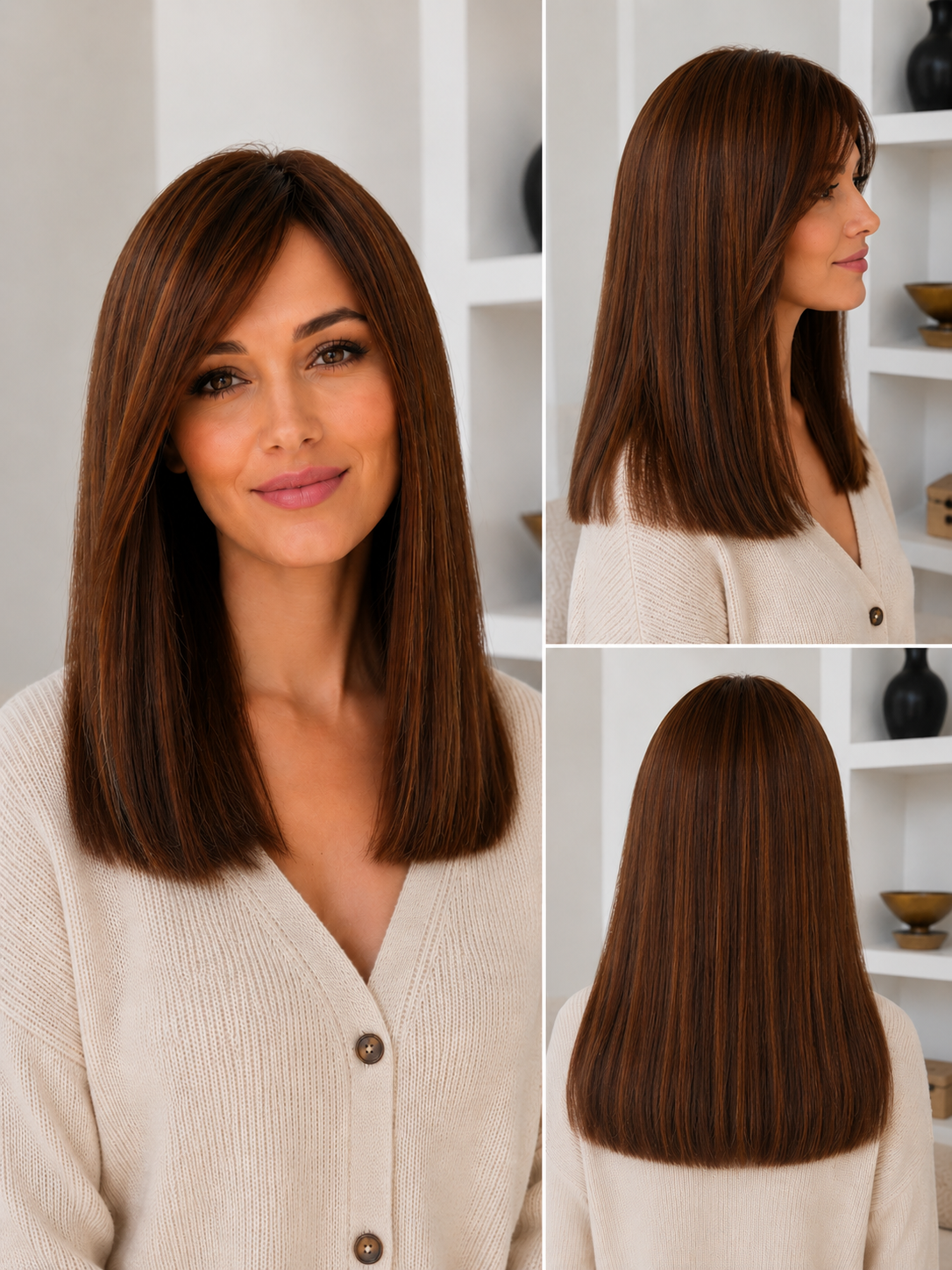 Peluca Cabello Natural Melena Lisa con Raya Lateral