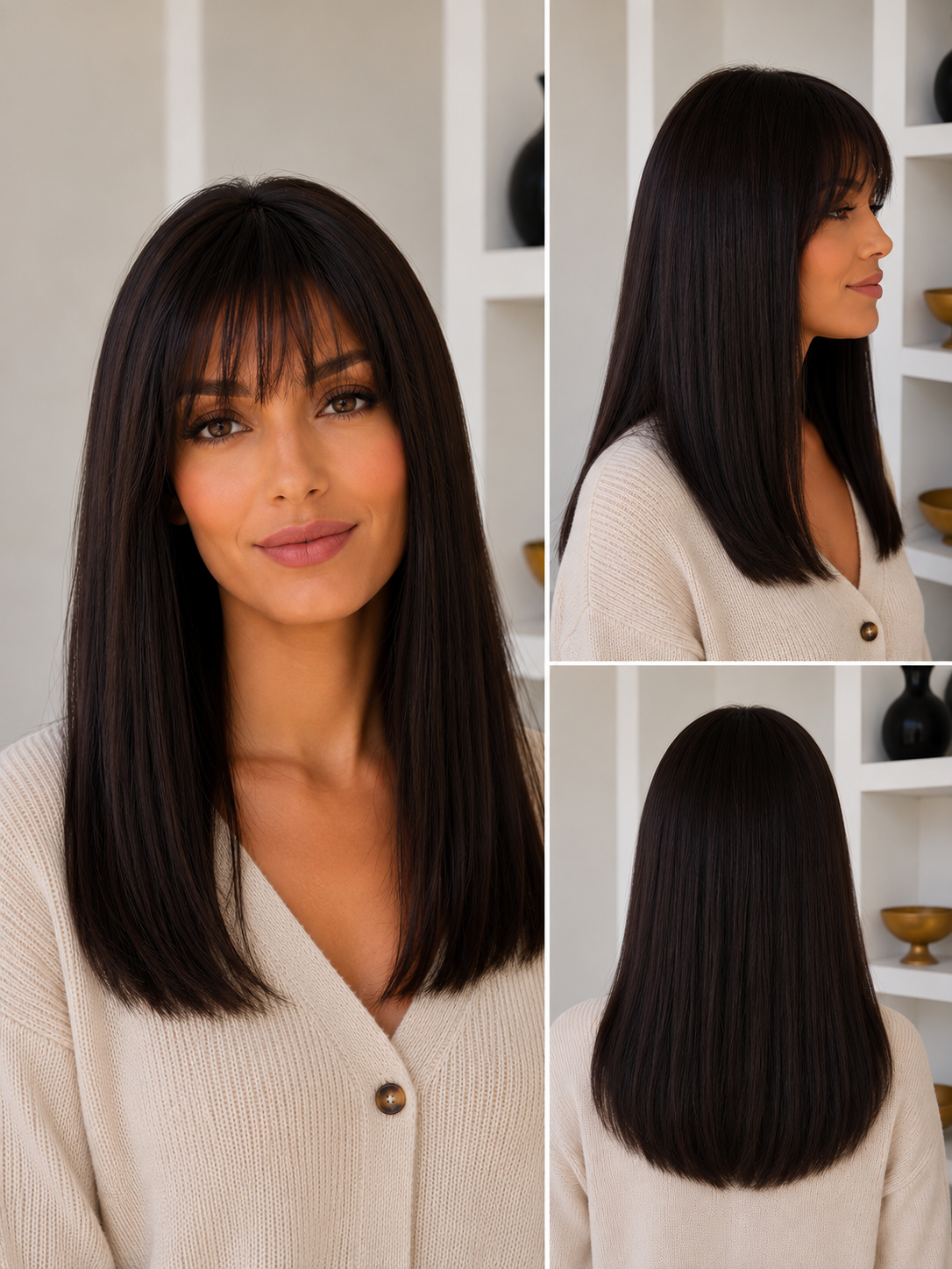 Peluca Cabello Natural Larga Recta con Flequillo