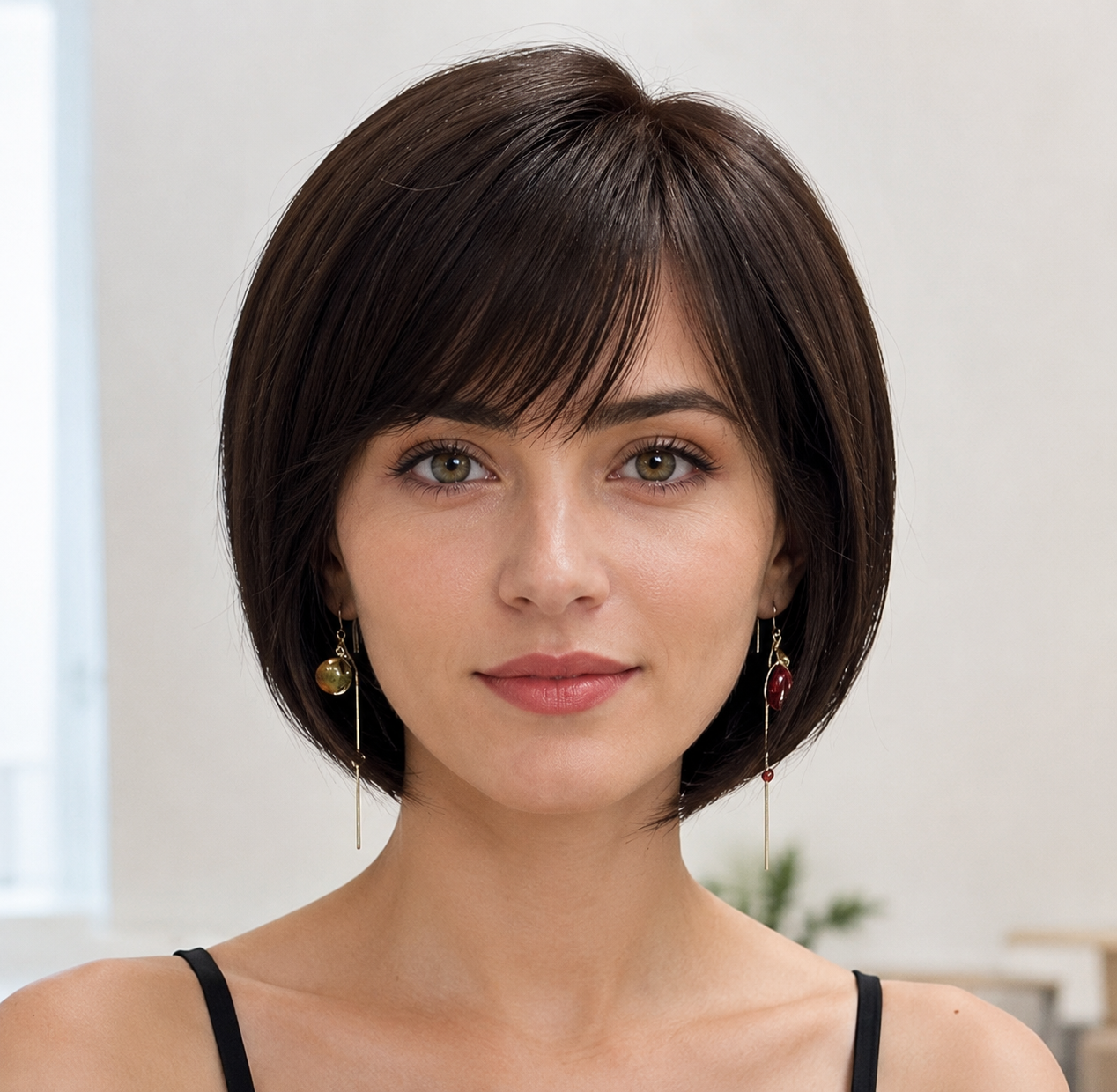 Peluca Cabello Natural Bob Corto Castaño Oscuro con Flequillo